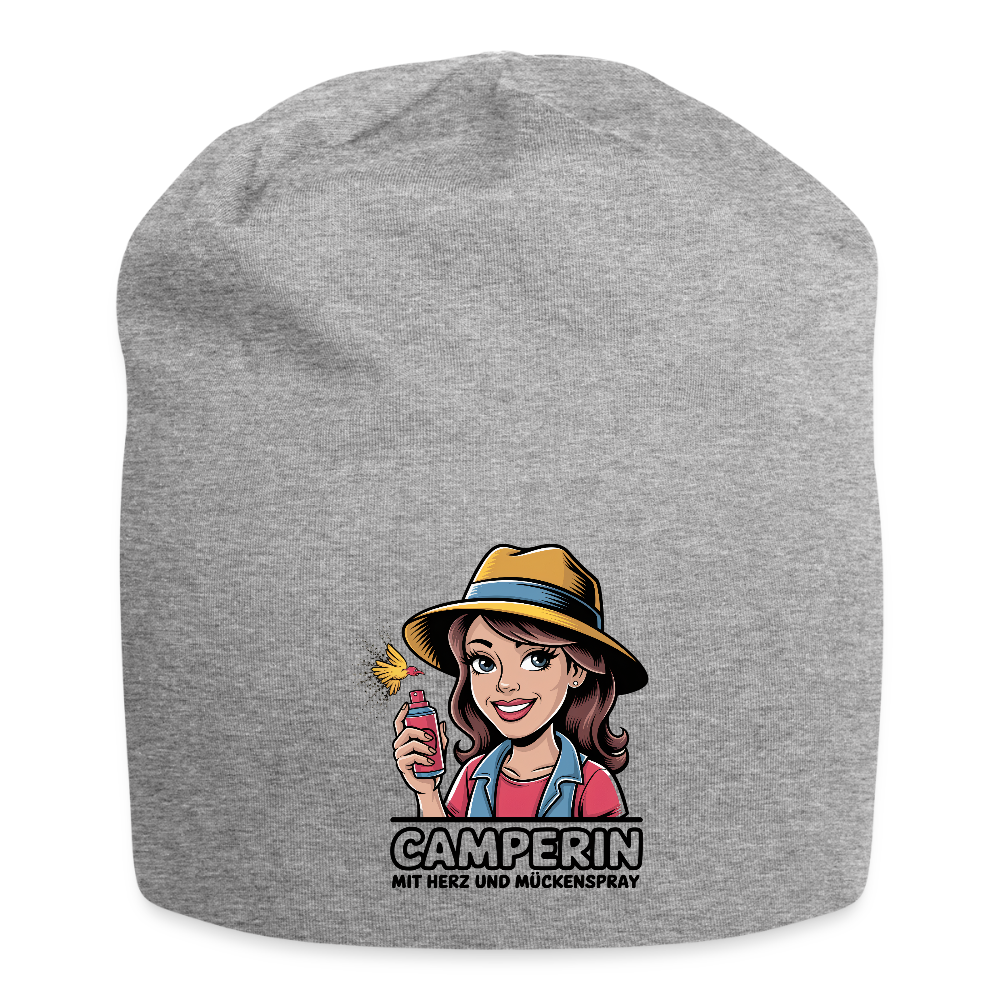 Camperin mit Herz und Mückenspray | Jersey-Beanie - Grau meliert